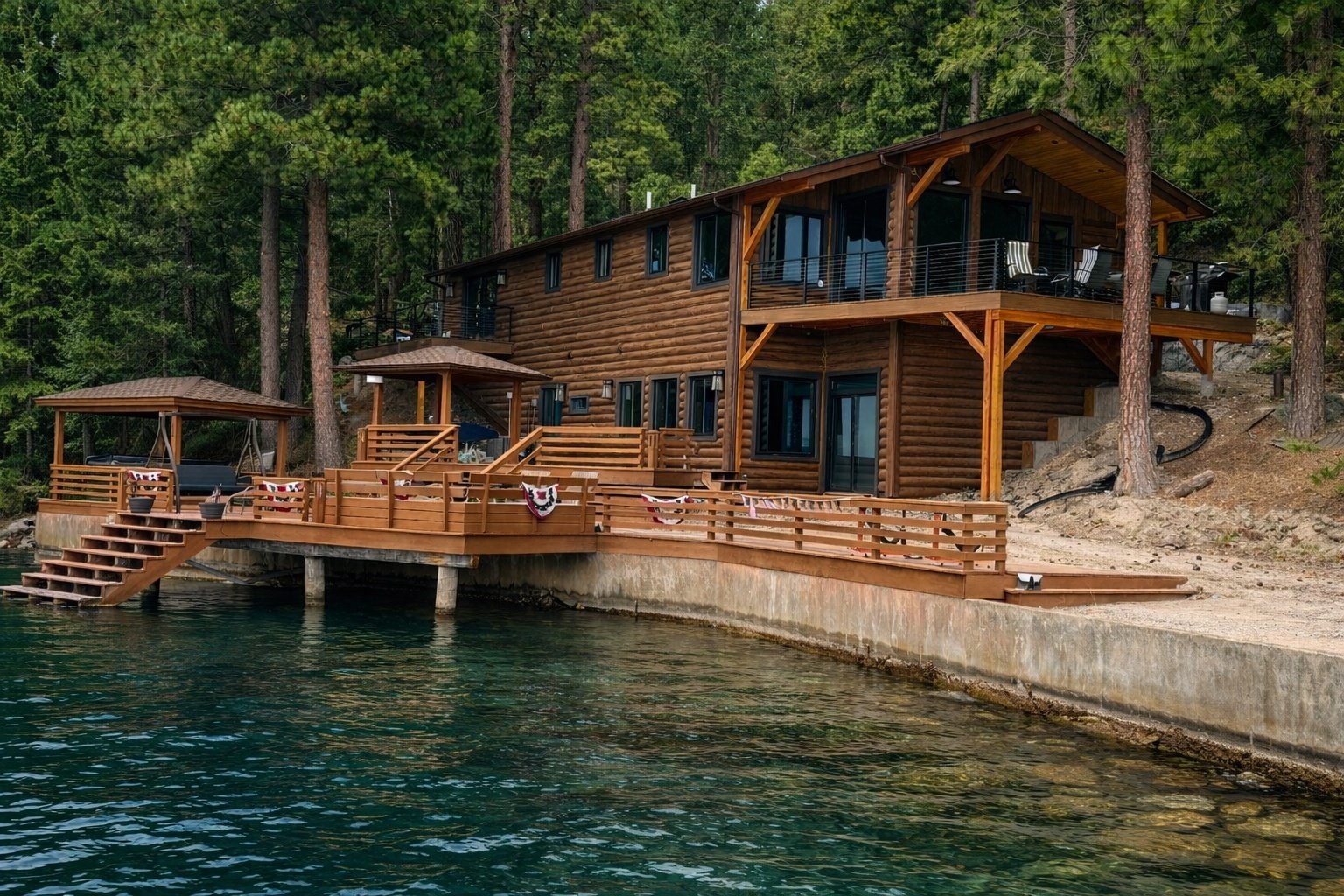 Eagle's Bluff Lakeside House and private dock viewed from Flathead Lake