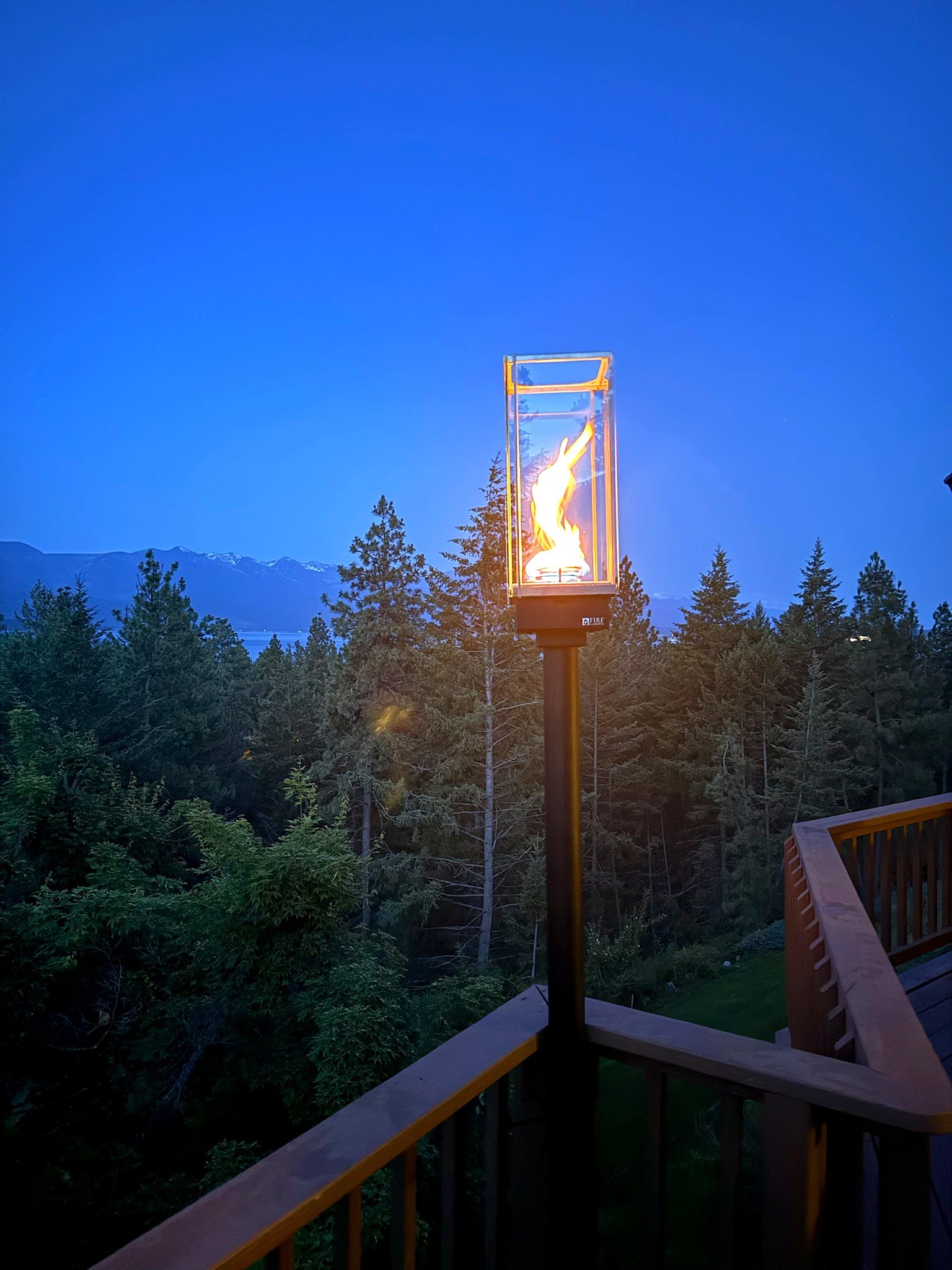 Fire feature on the back deck at Eagle's Bluff estate overlooking Flathead Lake