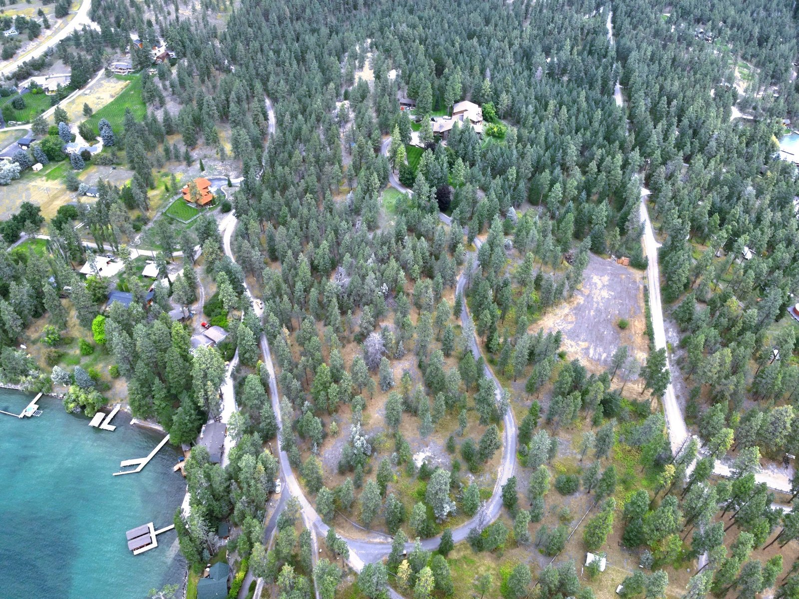 Aerial view of Eagle's Bluff Main House and 27-acre private peninsula on Flathead Lake, Montana